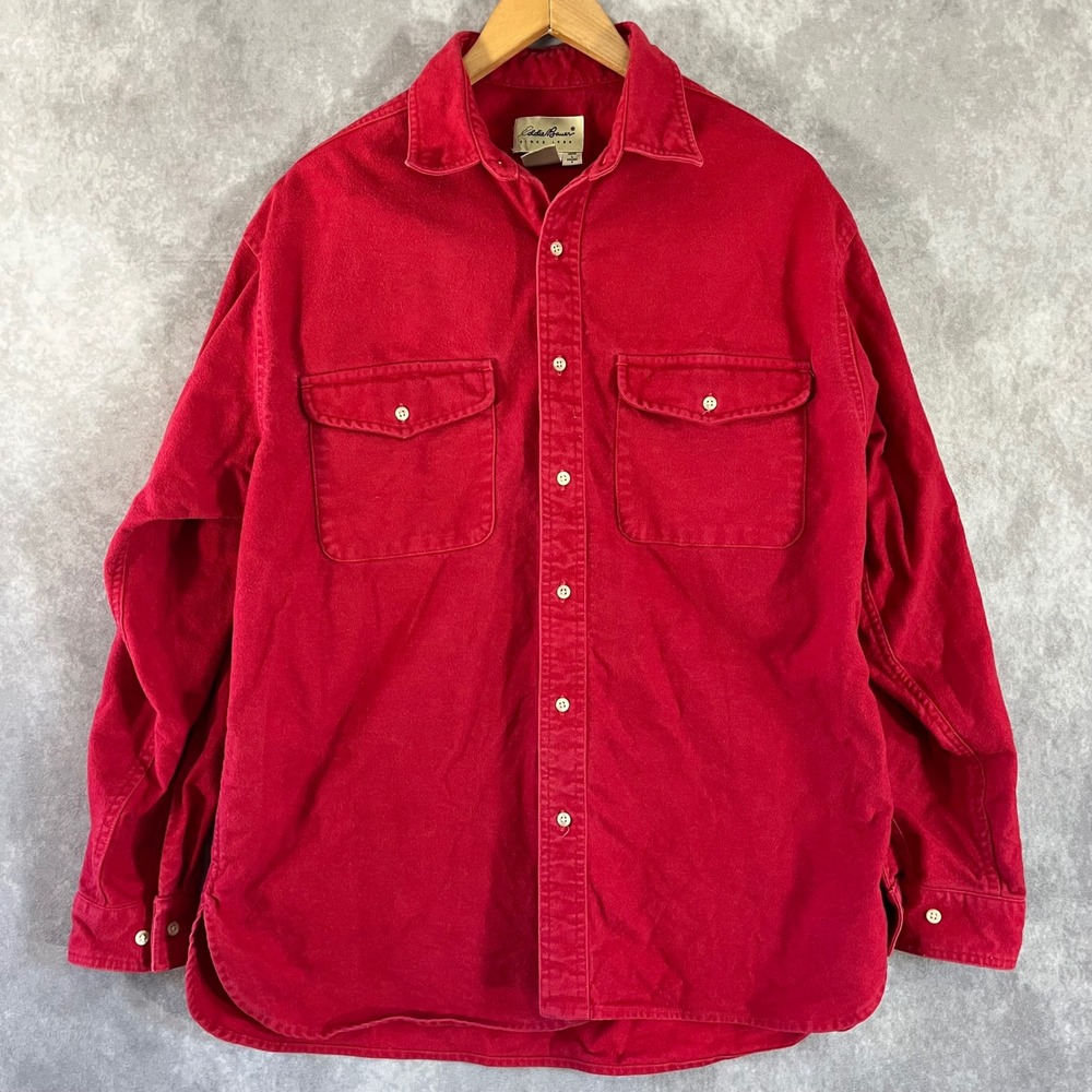 Eddie Bauer Button Down Shirt Mens Large Red Long Sleeve Cotton Dual Pocket
